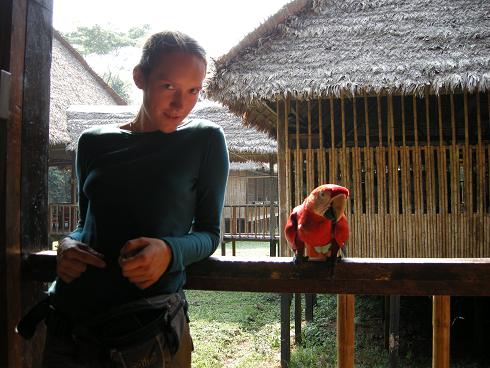 Katarzyna with a chicho (tame macaw in TRC)