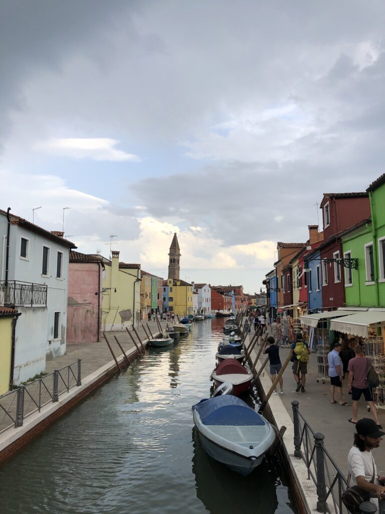Image of a canal in Burano, Italy, showing the colorful house colors.