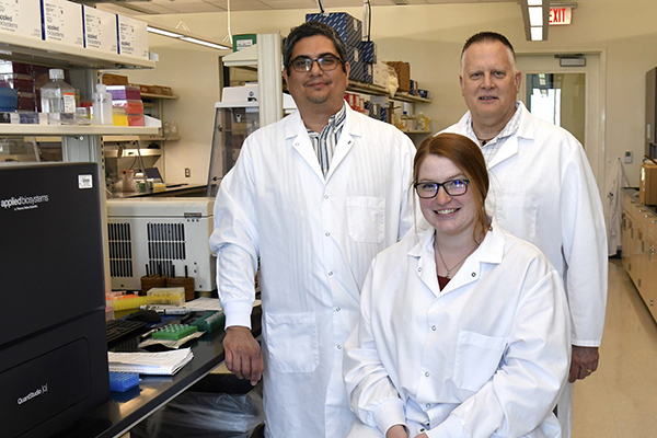 Dr. Robert Valeris-Chacin, Ali Olsen-Gerlach, and Dr. Paul Morley in a lab at VERO