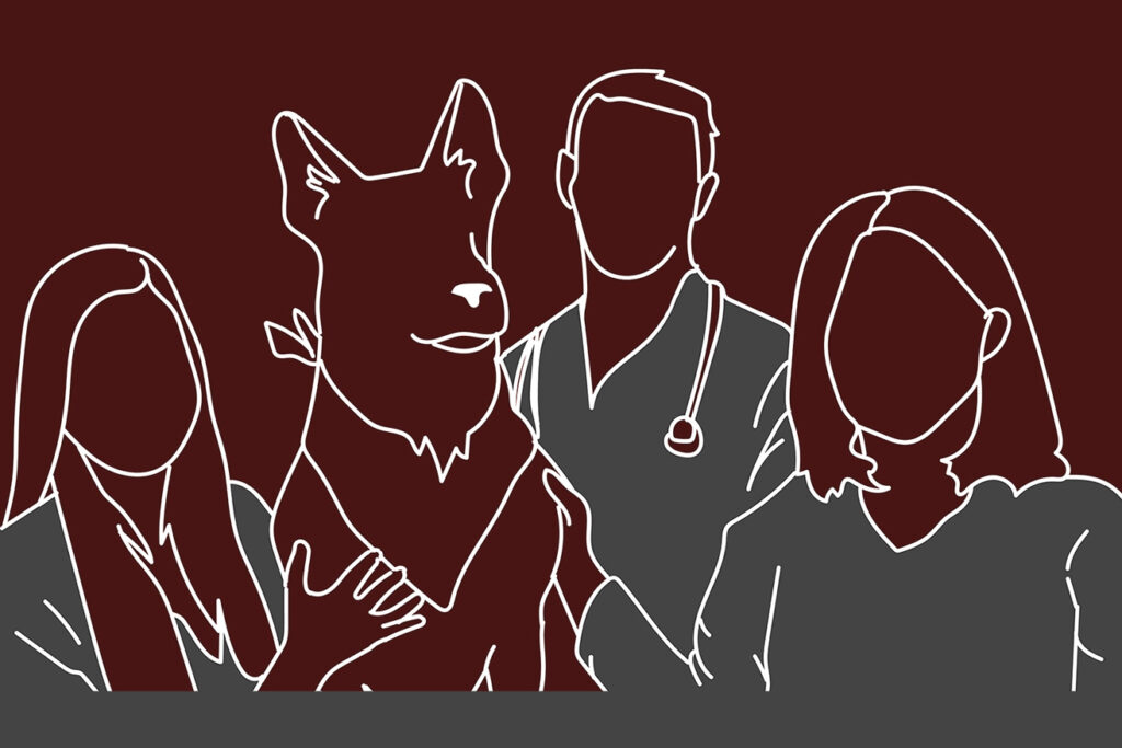 a simple line drawing of two females and one male veterinary staff with a dog