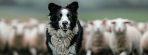 An energetic border collie actively herding a group of sheep