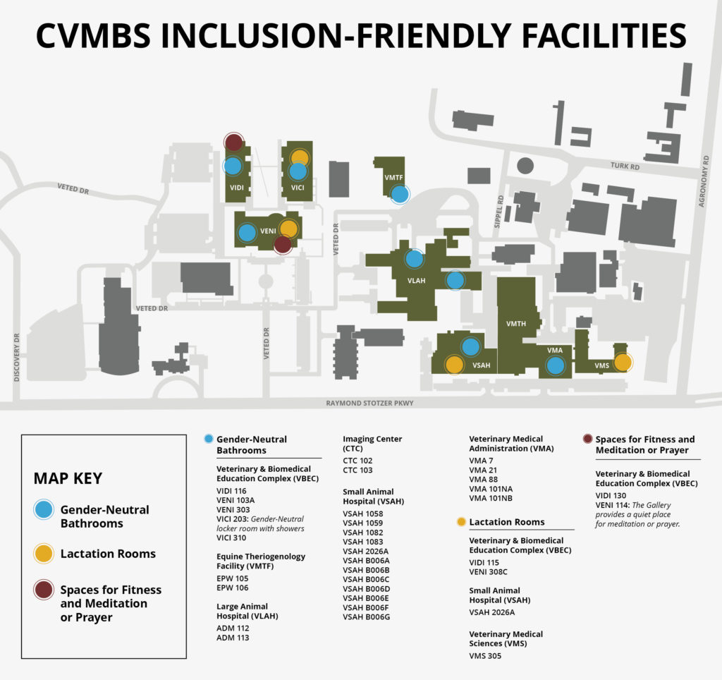 a map of the CVMBS campus highlighting the locations of gender-neutral bathrooms, lactation rooms, and spaces for fitness and meditation or prayer
