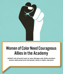 Women of Color Need Courageous Allies in the Academy illustration with a raised fist in part black and part white