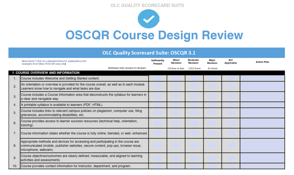 OASQR Course Design Review 3.1 Rubric screen shot