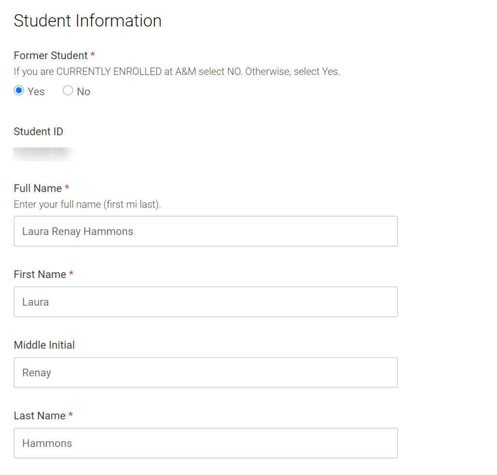 Student Information Section on your Account: Full Name