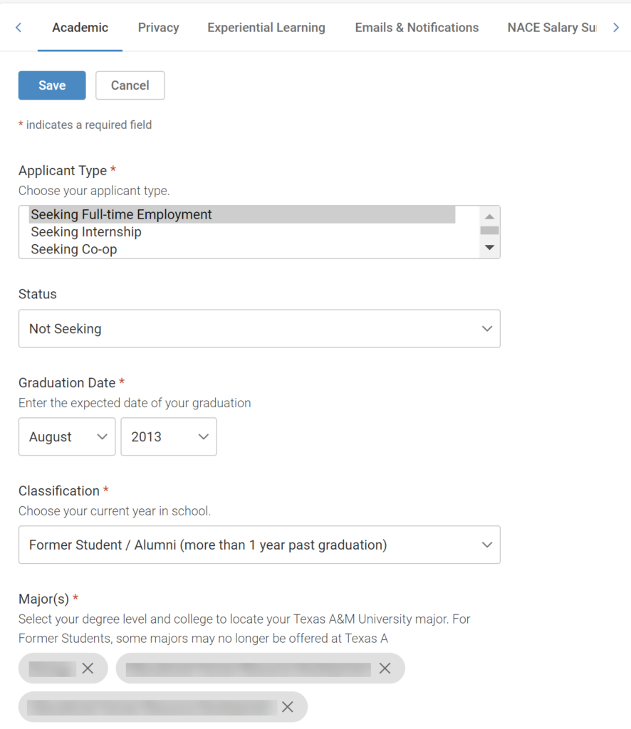 Academic Information Section: Applicant Type, Status, Graduation Date, Classification, Majors