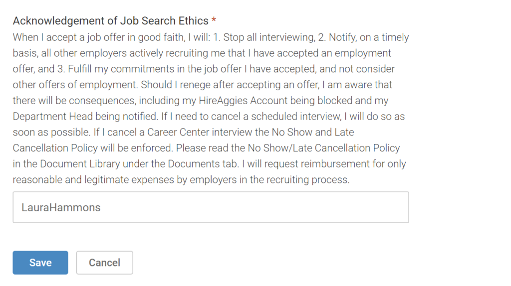 Acknowledgement of Job Search Ethics 