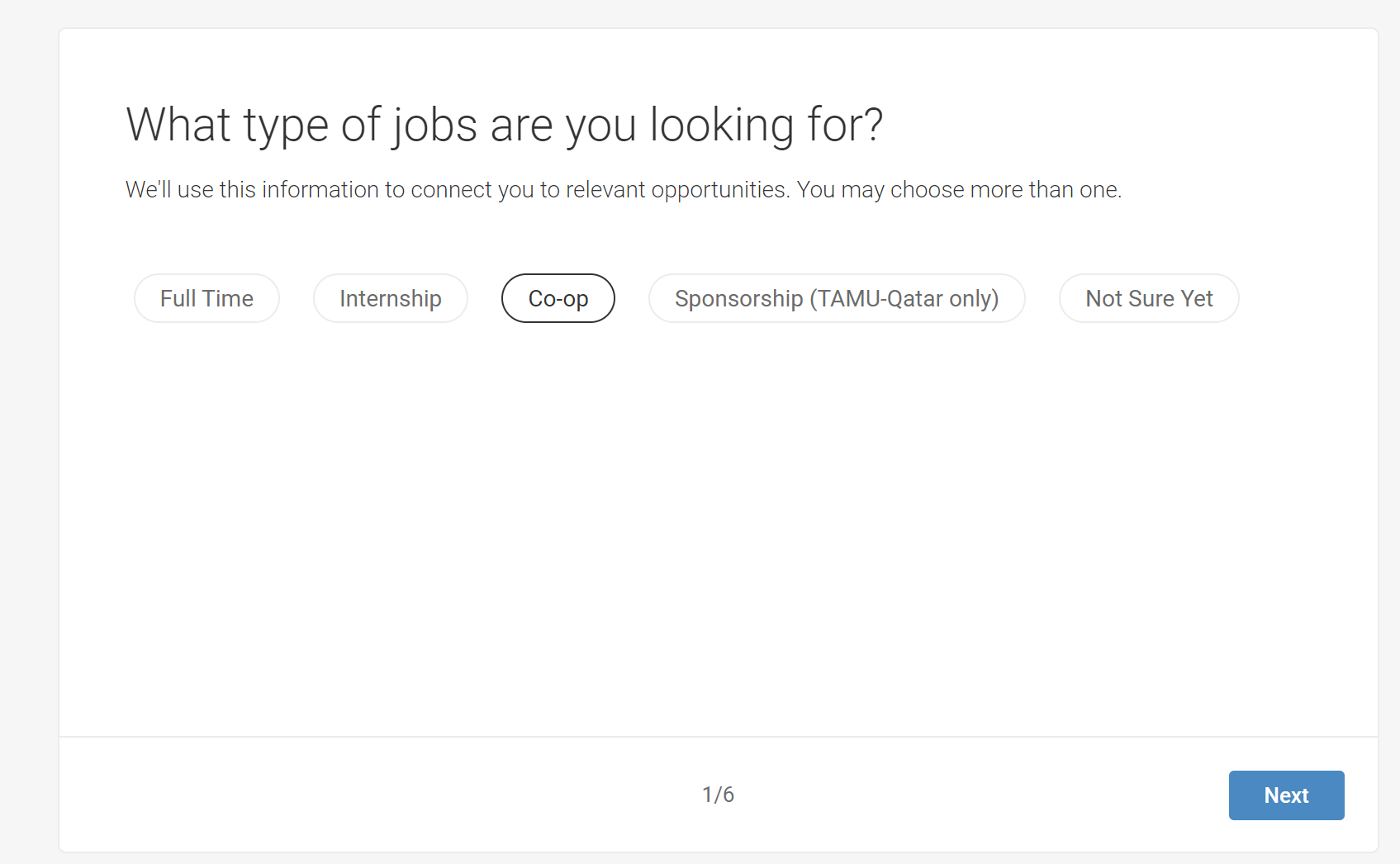 Questions students need to answer on their profile: What types of jobs are you looking for?