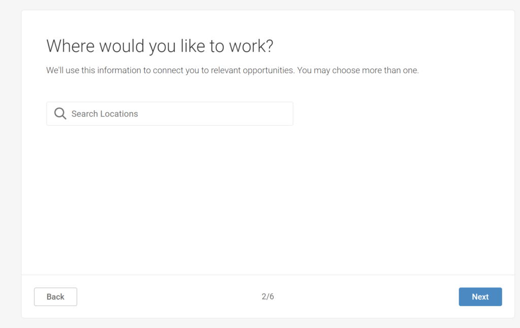 Questions students need to answer on their profile: Where would you like to work?