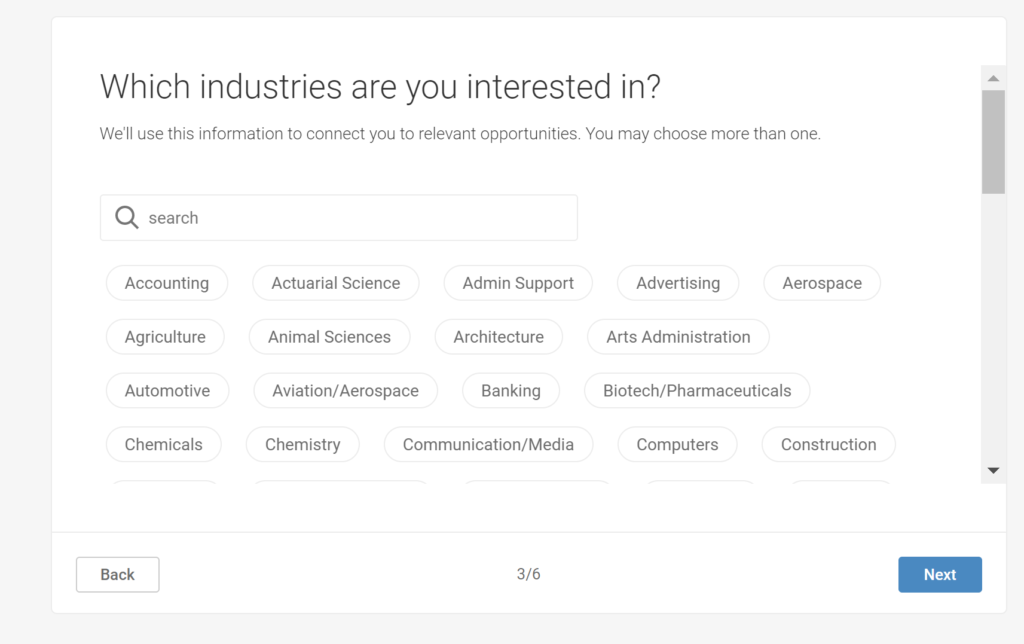 Questions students need to answer on their profile: What Industries are you interested in?