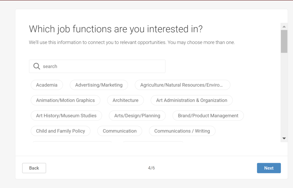 Questions students need to answer on their profile: What job functions re you interested in?