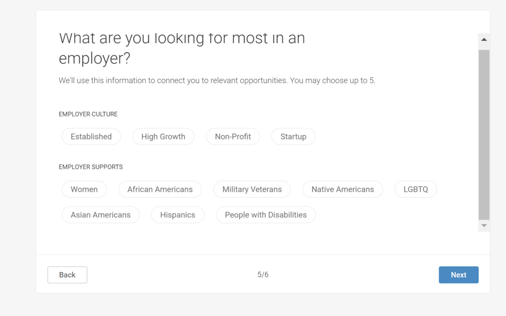 Questions students need to answer on their profile: What are you looking for most in an employer?