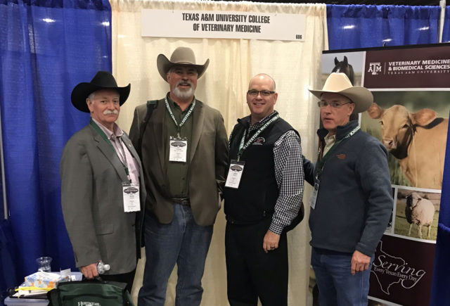 Joining Dr. Chris Womack (far right) at the CVM booth were (from the left) Dr. Kevin Pond, dean of the Paul Engler College of Agriculture and Natural Sciences at West Texas A&M University (WTAMU); Mr. Frank McLelland, manager of the T-Bar Ranch, Tahoka, Texas; and Dr. Lance Kieth, head of the WTAMU Department of Agricultural Sciences.