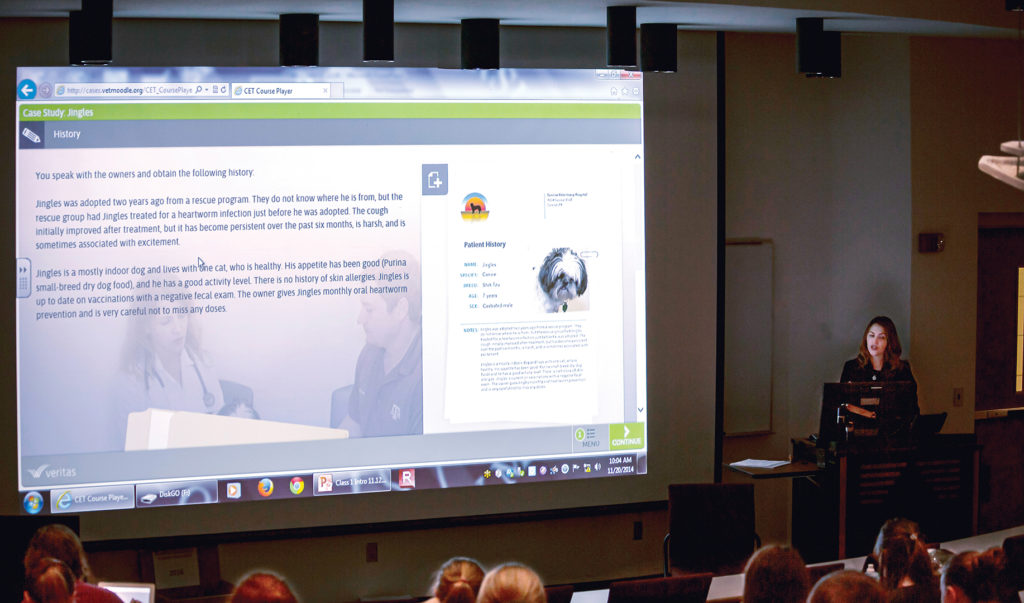 saunders stands at the front of a classroom, in front of a screen showing CET website
