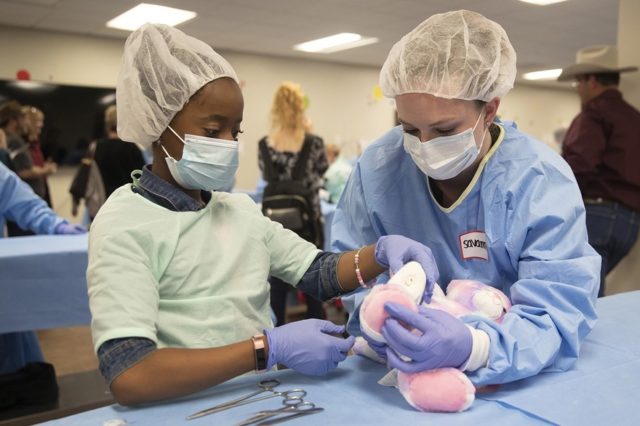 a child is aided in sewing a stuffed animal by a veterinary student both in surgical attire for Teddy Bear Surgery