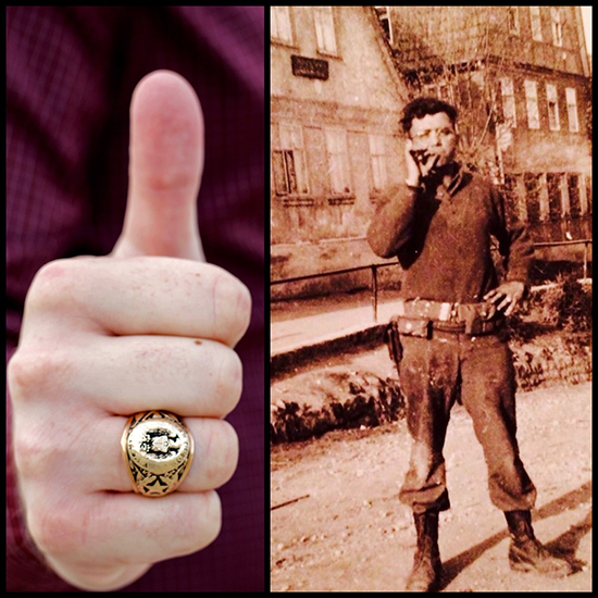 A worn down Aggie ring next to an aged photo of a man