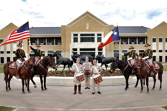 The VBEC with Corps of Cadets drummers and the Parsons Mounted Cavalry