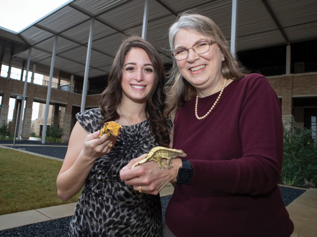 Rachel Ellerd and Dr. Sara Lawhon each hold a crested gecko in the courtyard