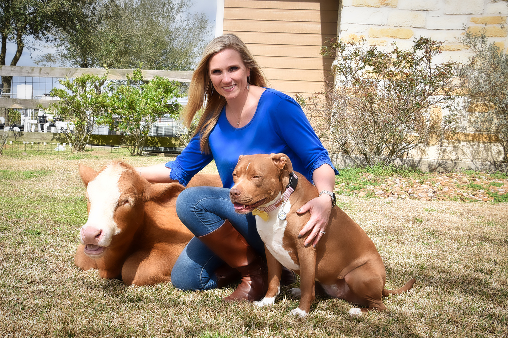 A calf, woman, and dog sitting side by side