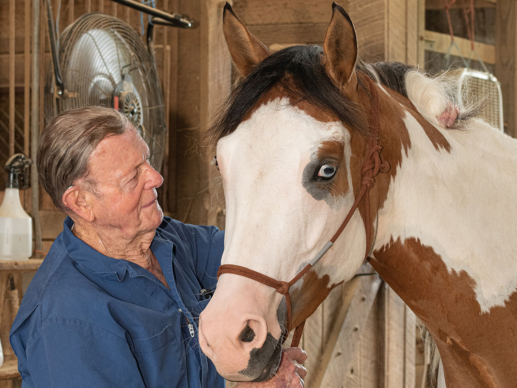 Dr. Walter "Frank" Norvell ’54 with a brown and white horse