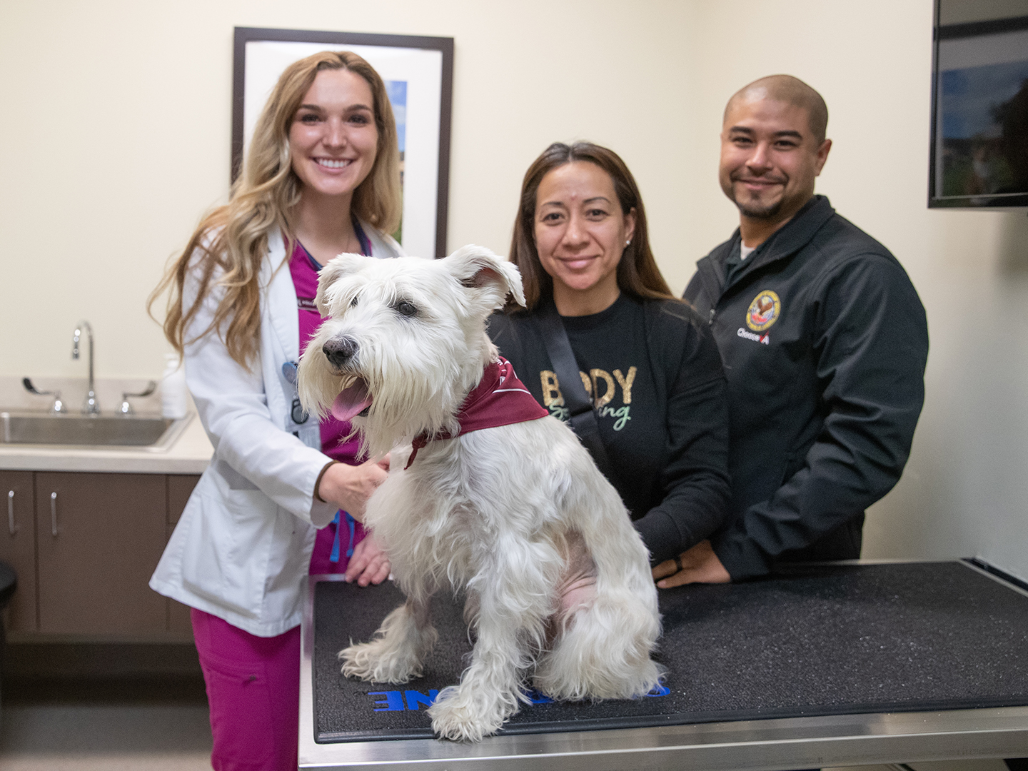 Veterinary student Allison Teunis, Max's owners, and Max in an exam room