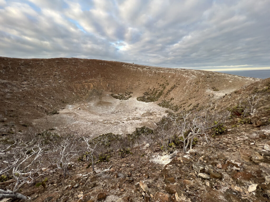 An areal view of the crater on Daphne Major, an island in the Galápagos, is brown and dry from drought.