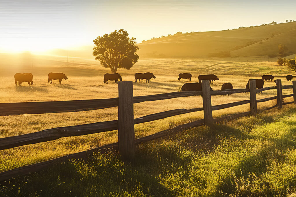 Cattle grazing in a field during sunrise