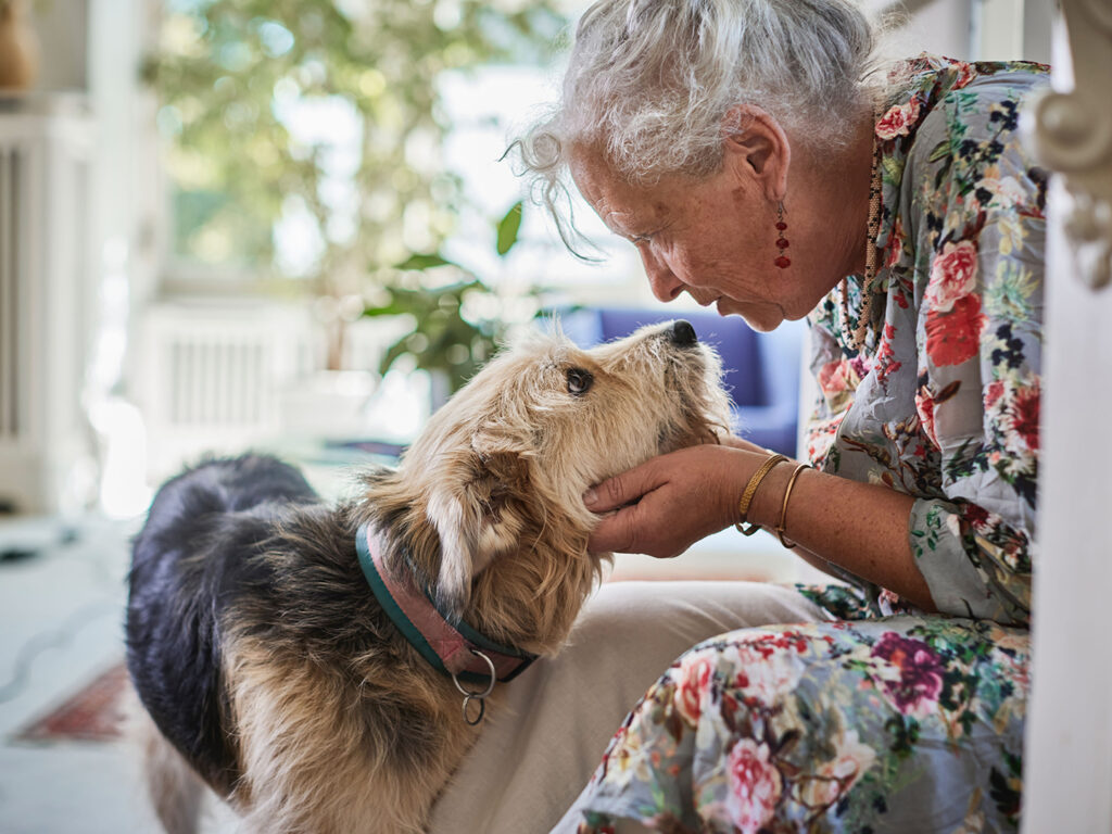 A older woman loving on a dog