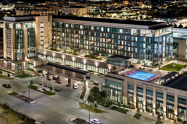 Front of the Doug Pitcock ’49 Texas A&M Hotel and Conference Center at night