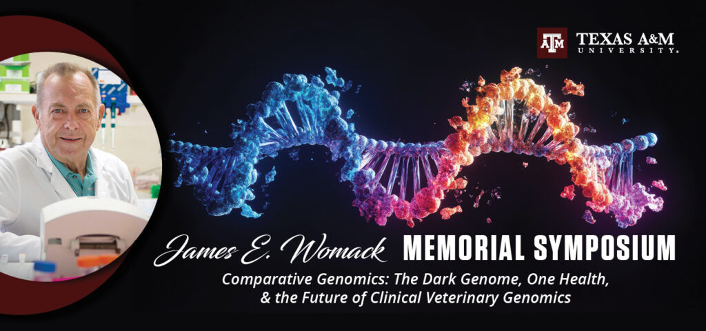 A colorful render of a DNA strand with Dr. James E. Womack in his lab advertising the James E. Womack Memorial Symposium