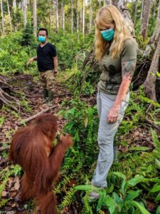 Barbara Heidenreich standing across from an orangutan in the borneo rainforest