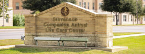 Stevenson Companion Animal Life Care Center sign on the Texas A&M campus in College Station, Texas