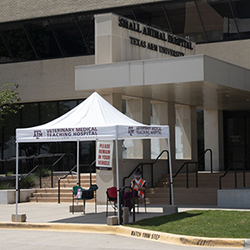Texas A&M Small Animal Hospital entrance at the beginning of COVID-19 including the curbside admissions and discharges tent and signage