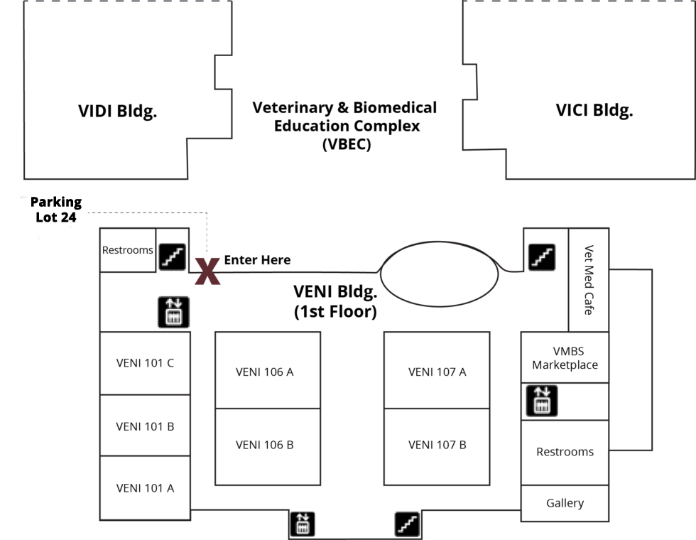 Map of the First Floor of the VENI Building (#1812) at the Veterinary & Biomedical Education Complex on the Texas A&M University campus in College Station, Texas